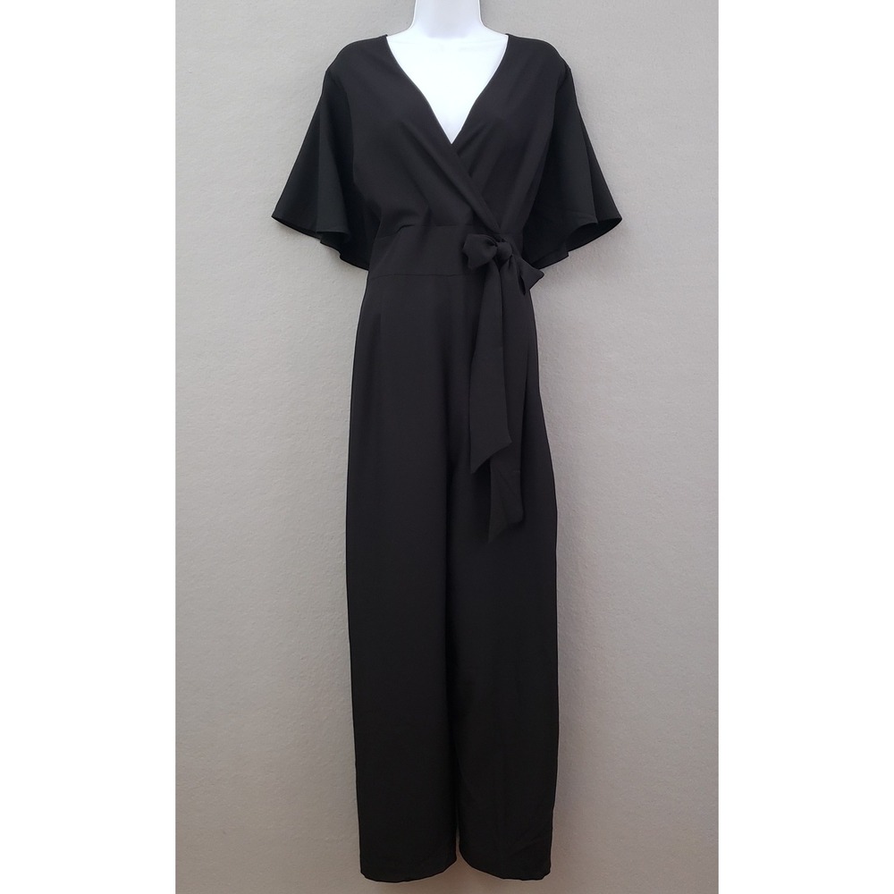 Kiyonna Black V-Neck Flutter Sleeve Wide Leg Jumpsuit Plus Size 1X USA Made READ